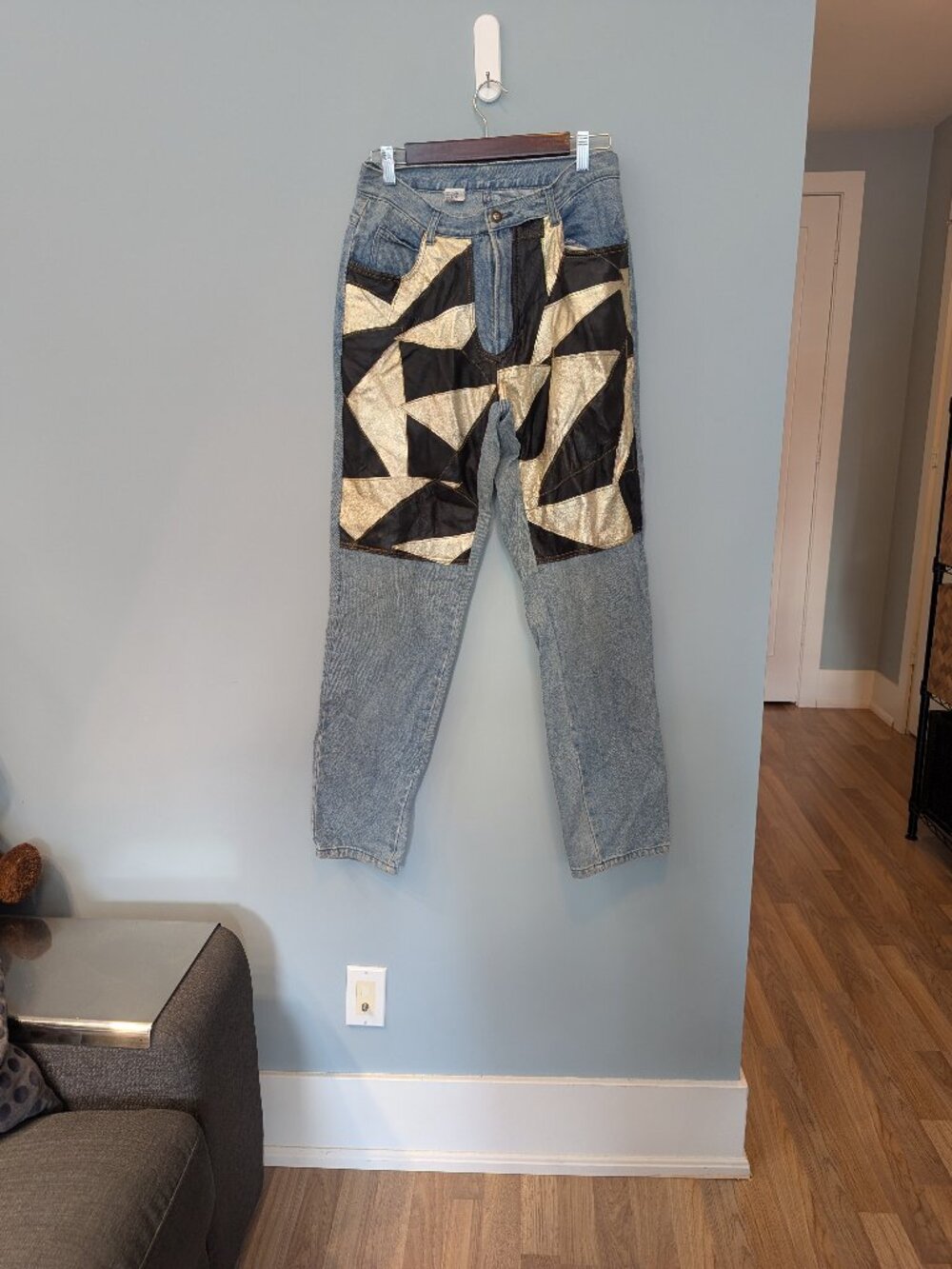 Vintage 100% Leather Geometric Patchwork Don't Stop International Denim Jeans - Picture 2 of 15